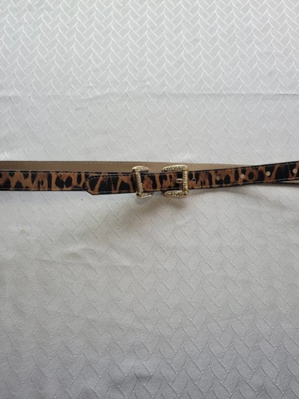 Leopard Print Skinny Belt Rhinestone Gold Buckle